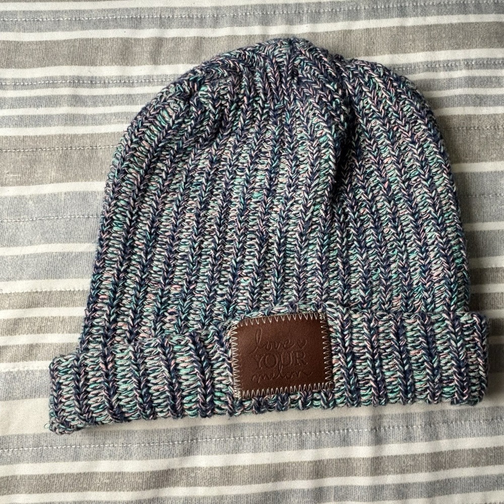 Love Your Melon Beanie Knit Hat Faux Leather Brown Logo Patch One Size